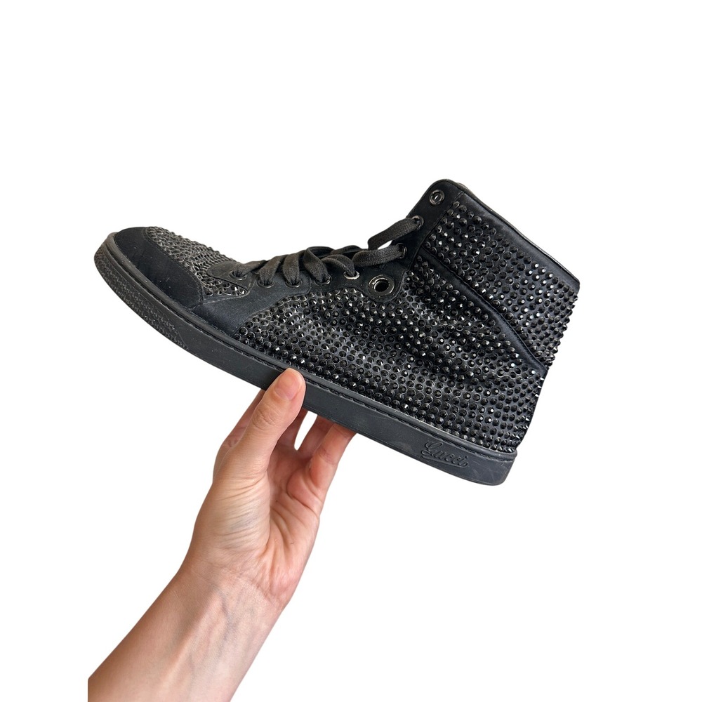 Gucci Black Studded High Top Sneakers 338947 Womens 38.5 Black Crystal Luxury